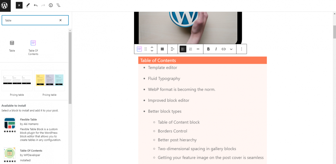 WordPress 6.1 screenshot of Table of Contents block