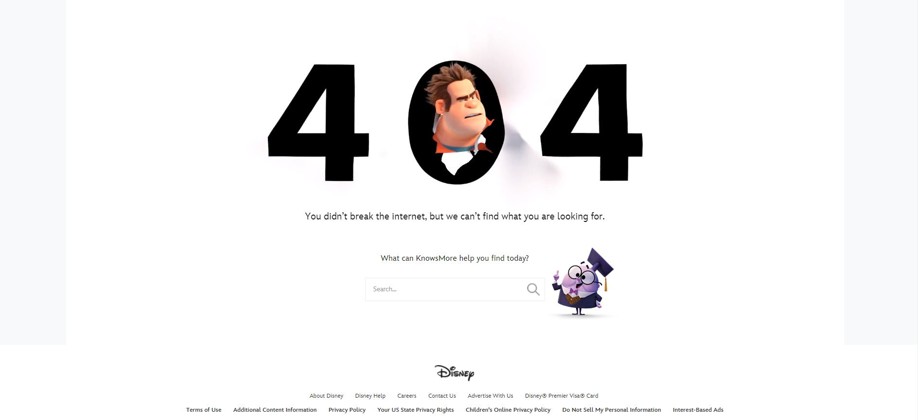Screenshot of Disney 404 page