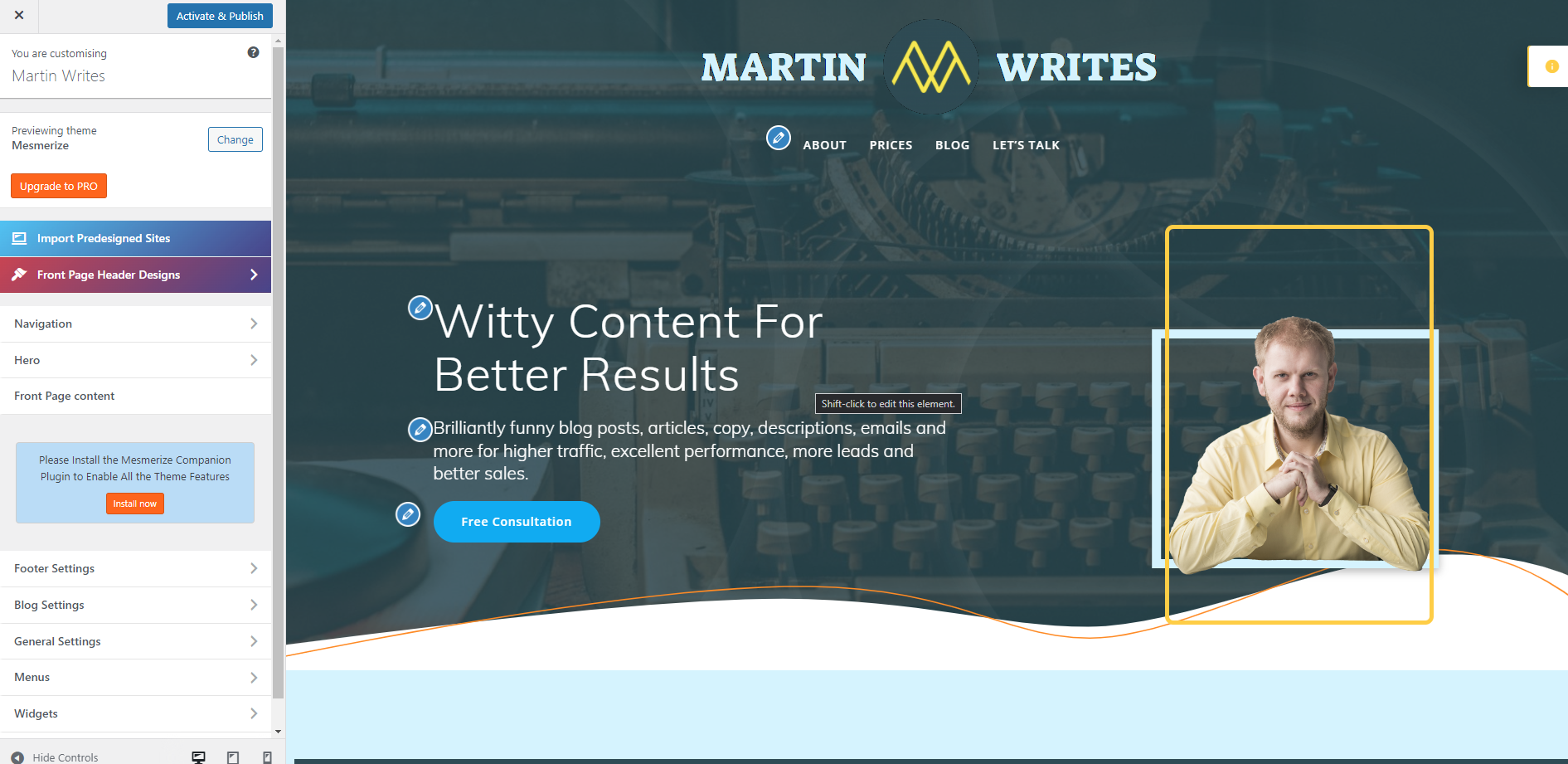 Screenshot of building a website process via WP