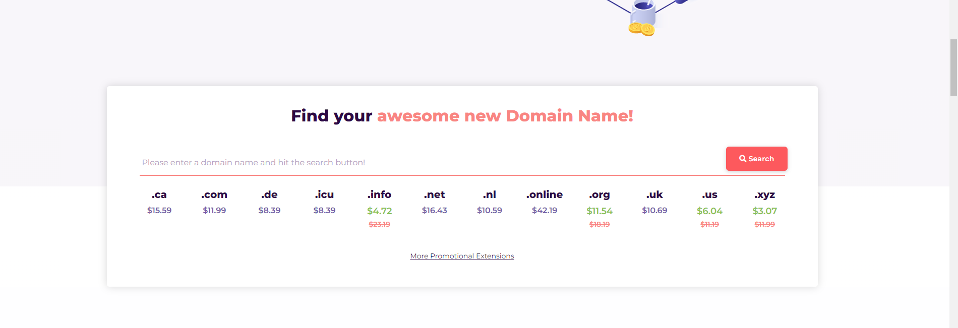 Screenshot of HostArmada's Domain search engine