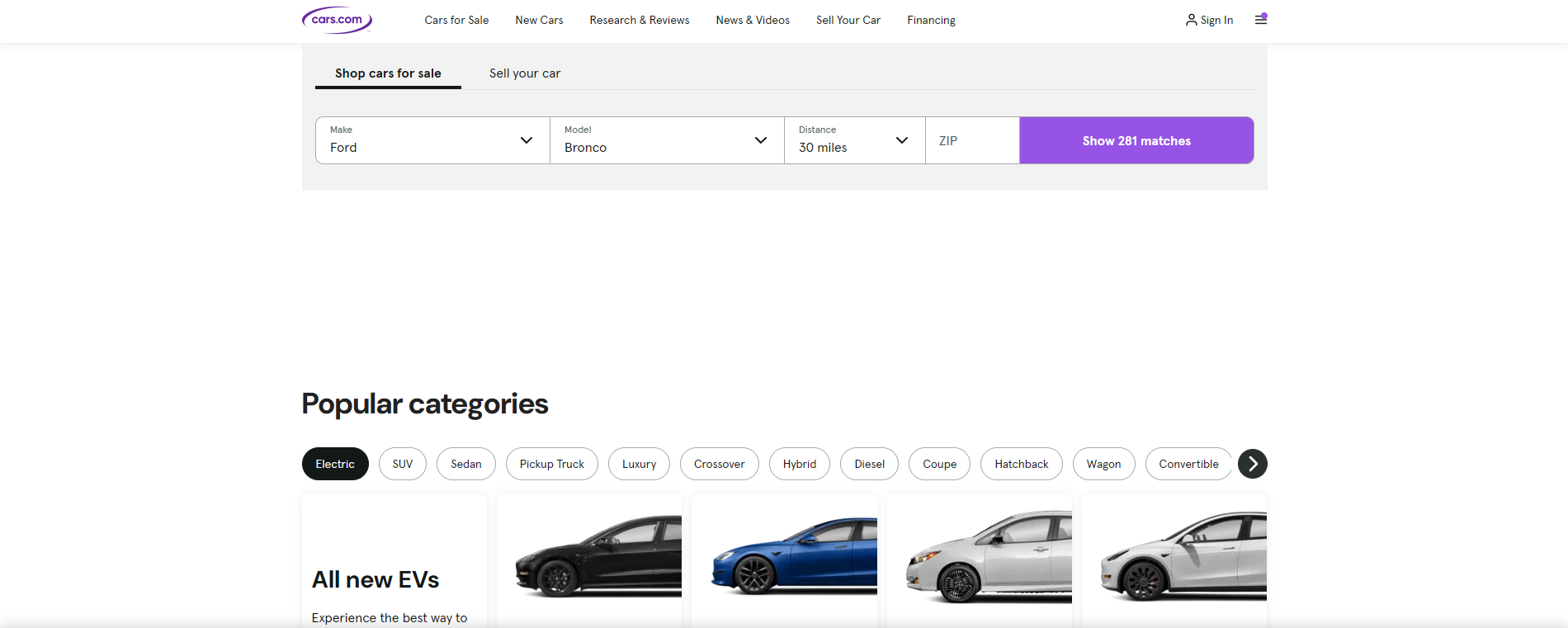 cars.com homepage screenshot