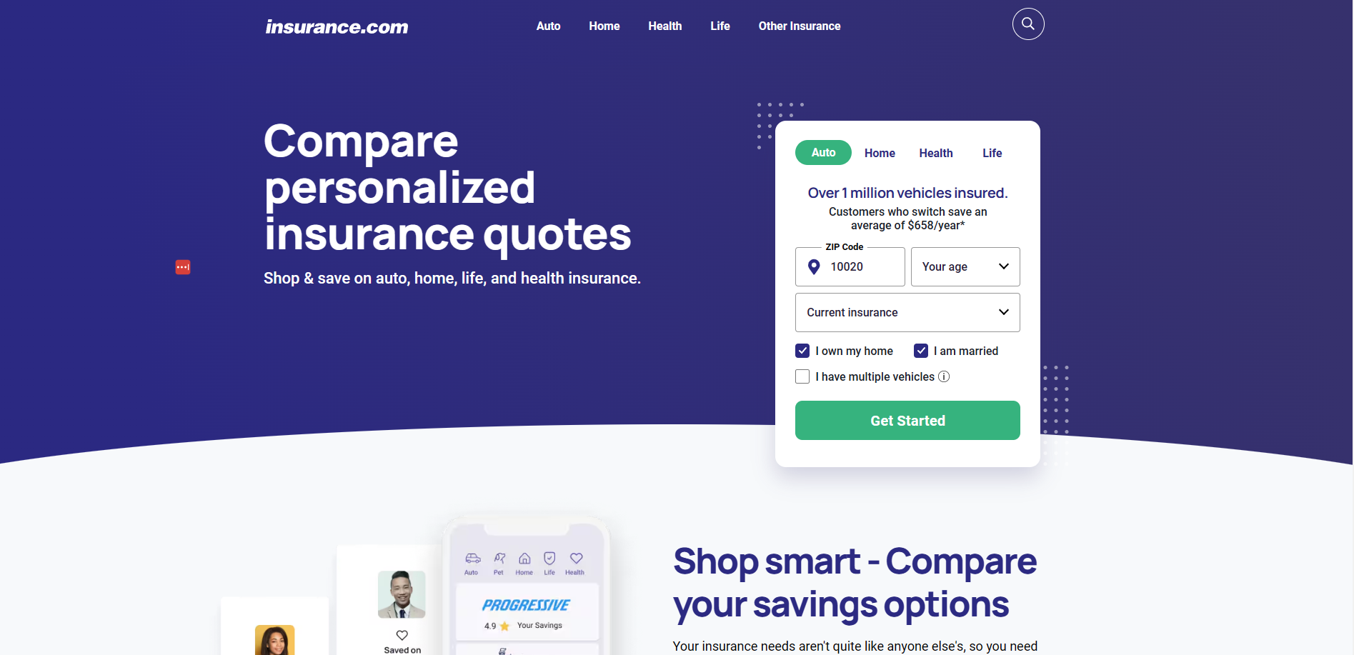 insurance.com homepage screenshot