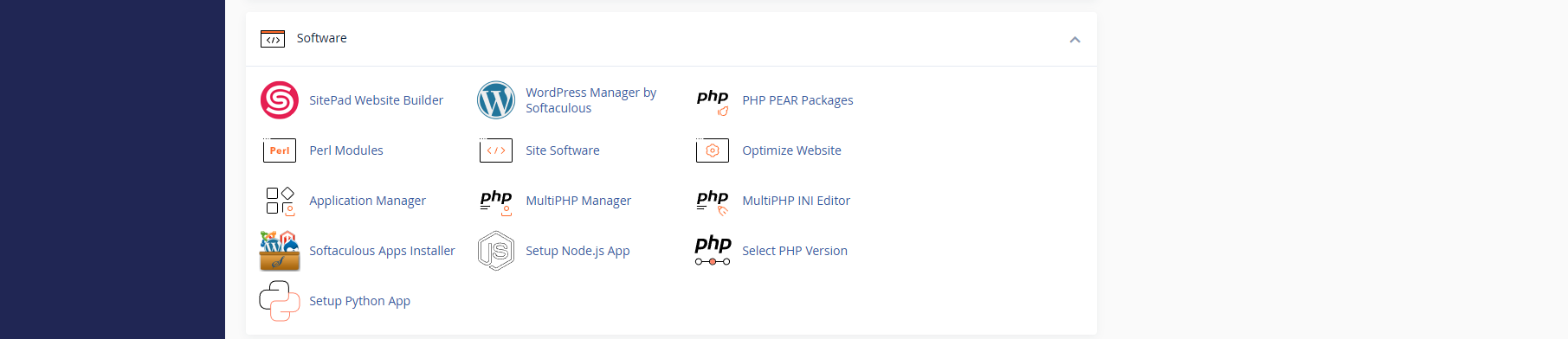 Software section in HostArmada's CPanel screenshot