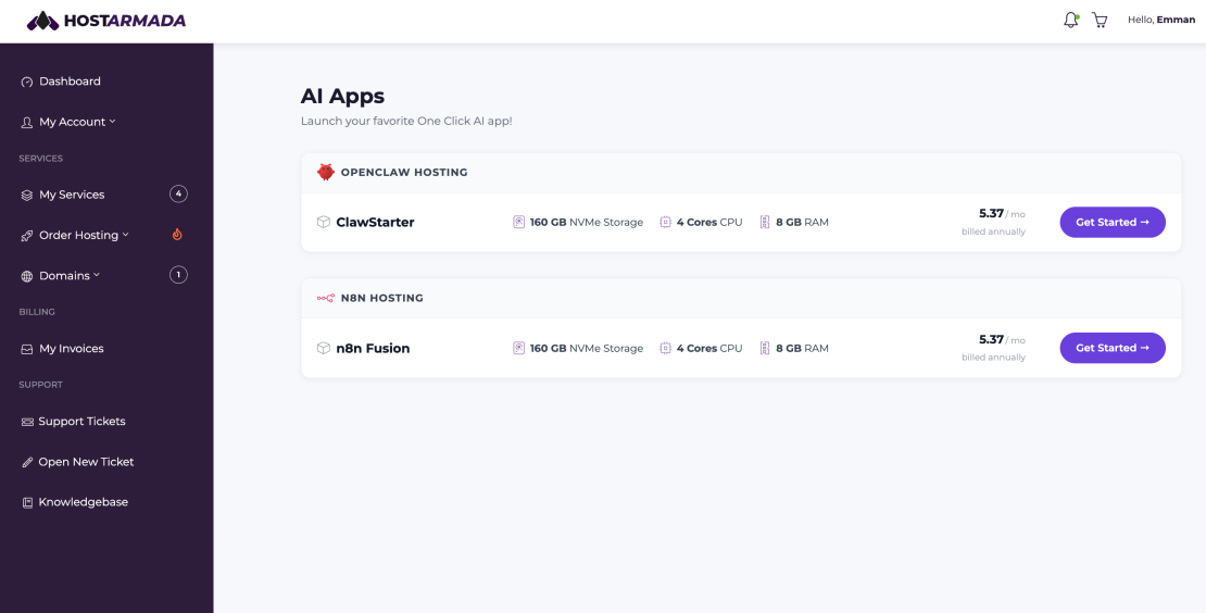 ai apps section in the hostarmada client area