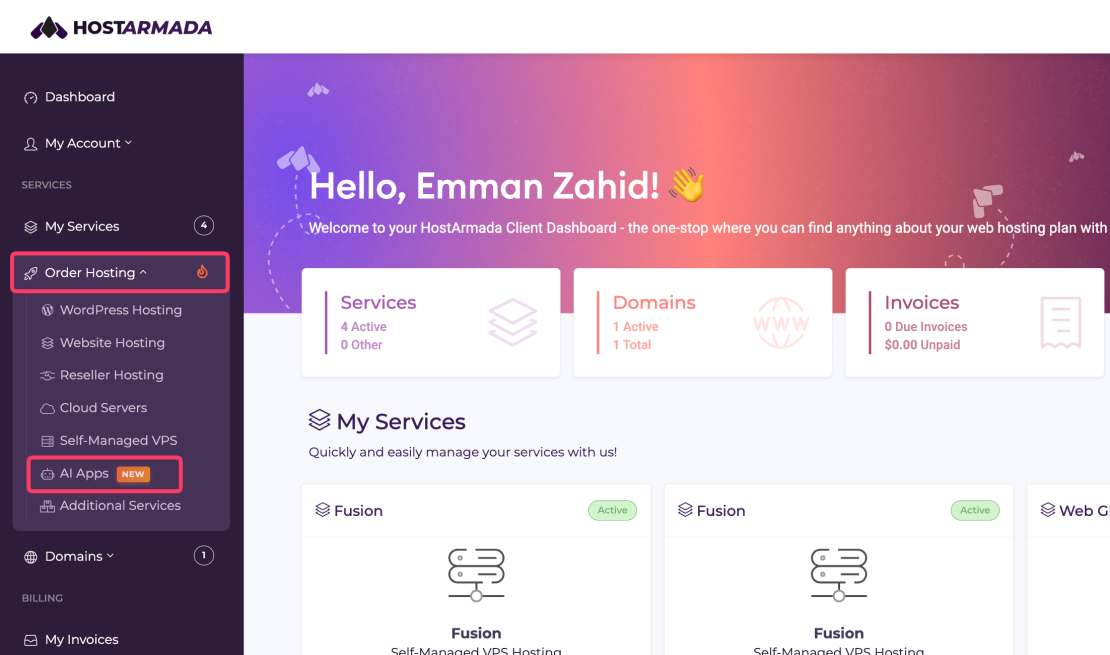new, updated ai apps section in the order hosting menu of hostarmada client area