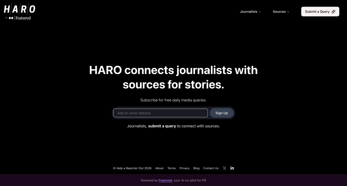 HARO homepage for connecting journalists with expert sources