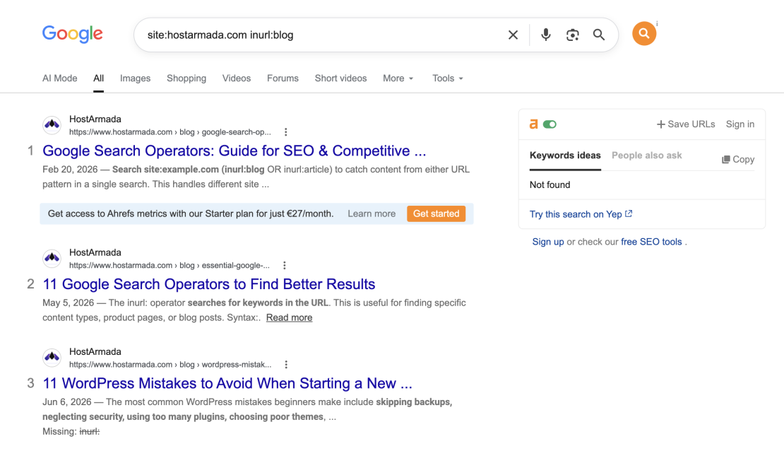 Google inurl search operator used to review indexed blog URLs