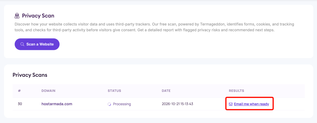 privacy scan email when ready feature, delivering report to your inbox