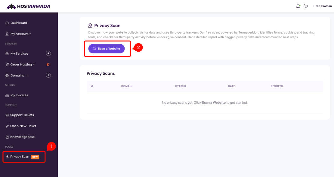 go to privacy scan and click scan a website button to initiate the scan