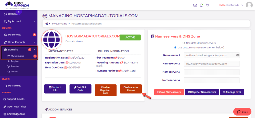 Disable/Enable Domain Automatic Renewal - HostArmada