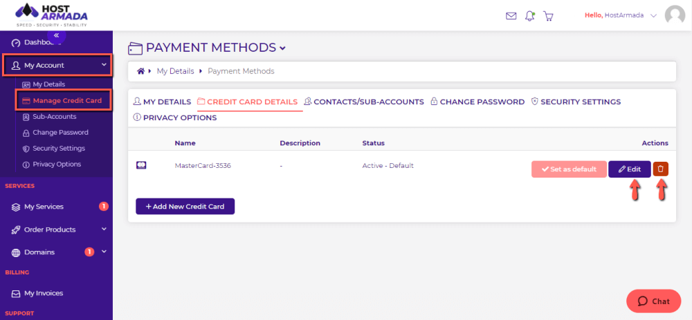 Edit or Remove Credit Card from HostArmada Client Area