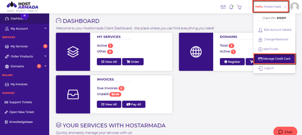 Manage Credit Card for hosting account