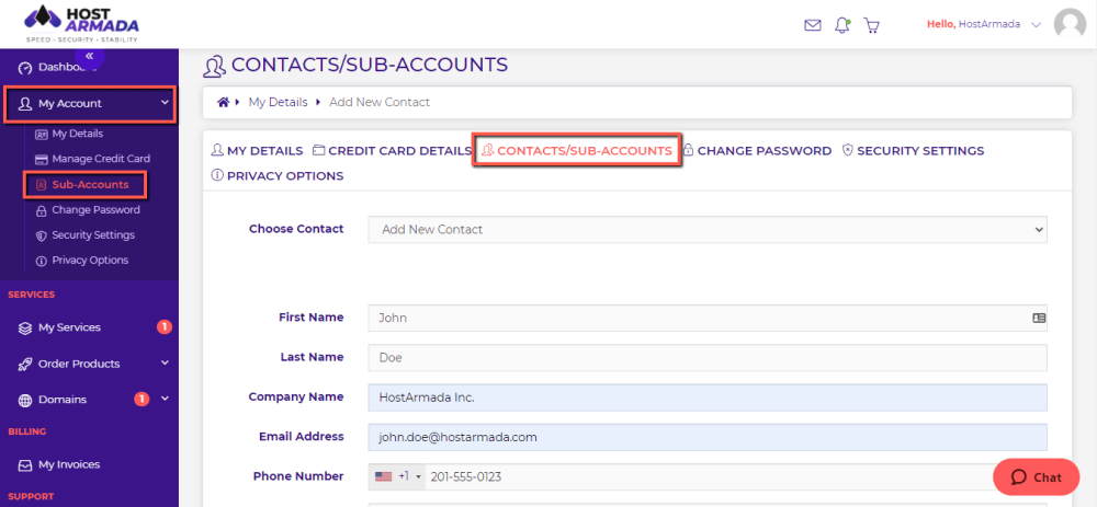 Add new HostArmada Sub-account