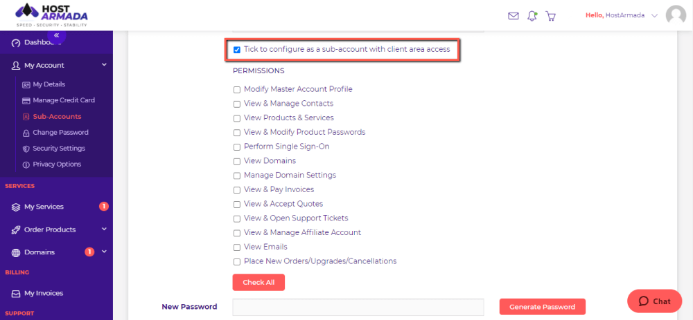Define HostArmada Sub-account privileges 