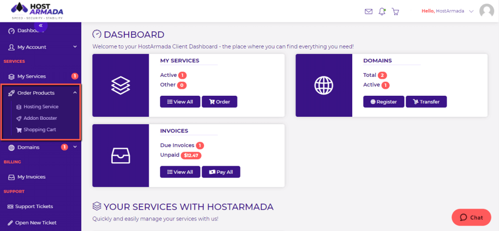 Order HostArmada Hosting Service or an Addon Service
