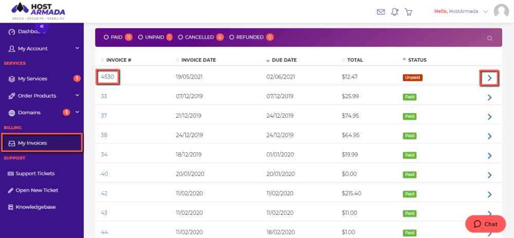 View HostArmada Invoice Details