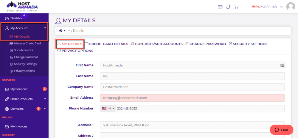 View HostArmada Account Details