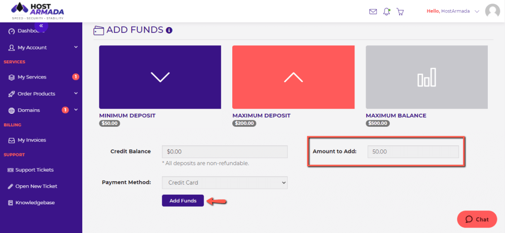 Enter the desired Add Funds amount