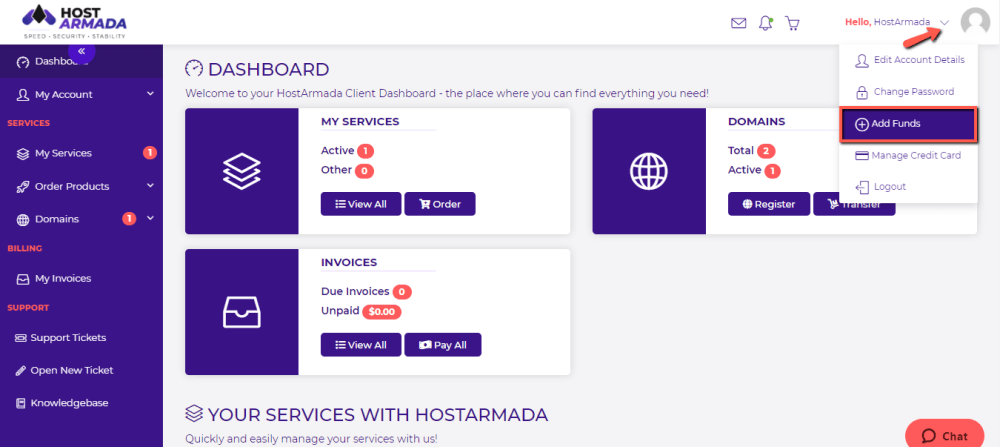 Add Funds to your HostArmada account