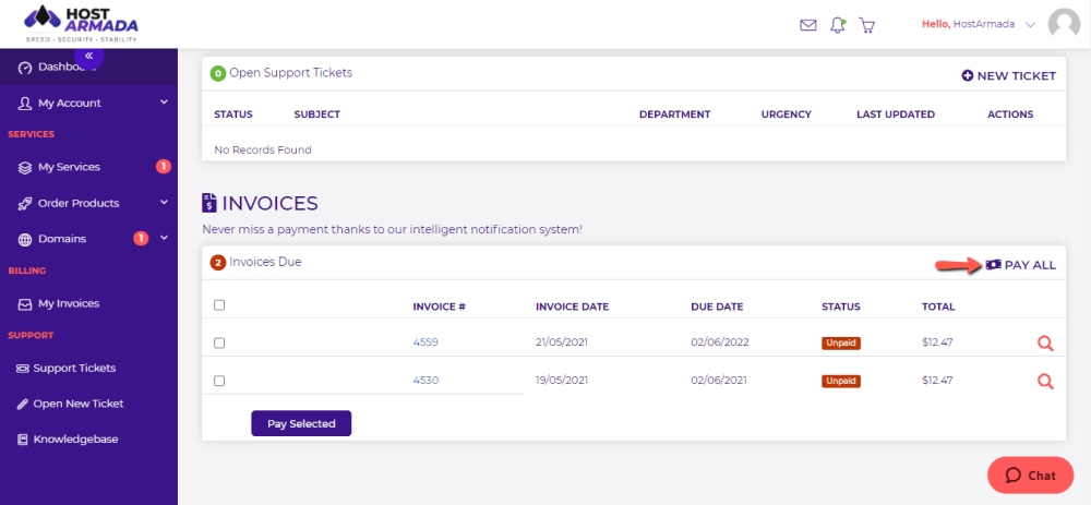 Pay all HostArmada overdue invoices