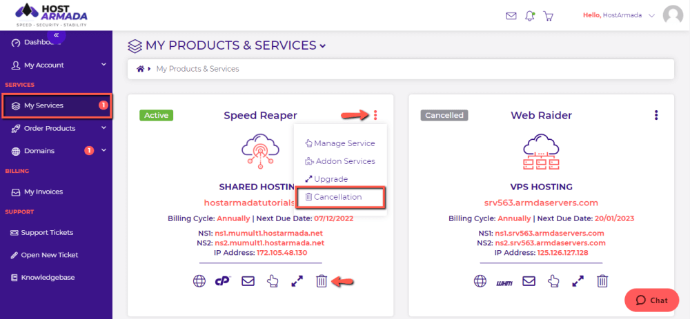 Request HostArmada service refund