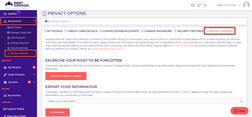 HostArmada - Request Right to be Forgotten (GDPR data processing deletion)