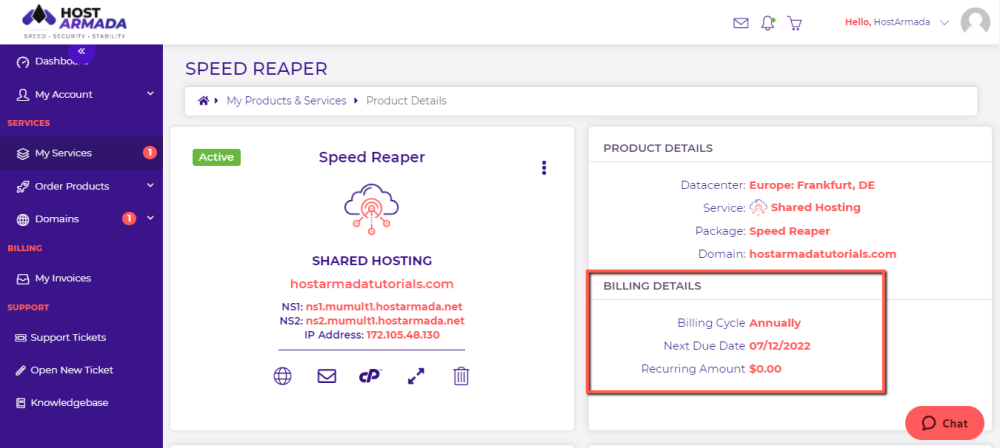 HostArmada Hosting plan Billing Details