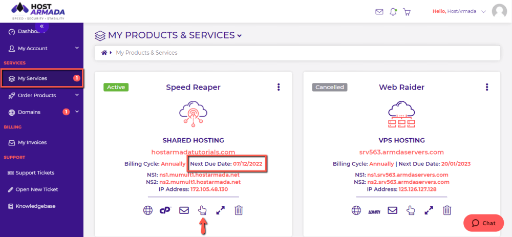 HostArmada Hosting plan Next Due Date