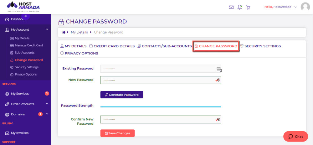 Change HostArmada Client Area Password