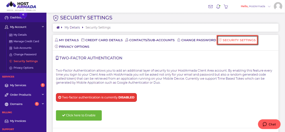 Enable Two-Factor Authentication (2FA) on HostArmada Client Area