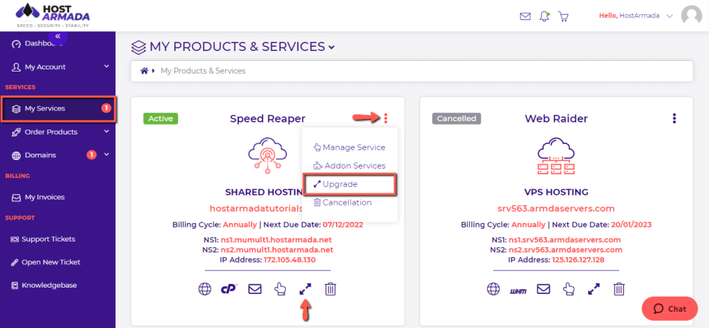 Upgrade HostArmada Hosting service