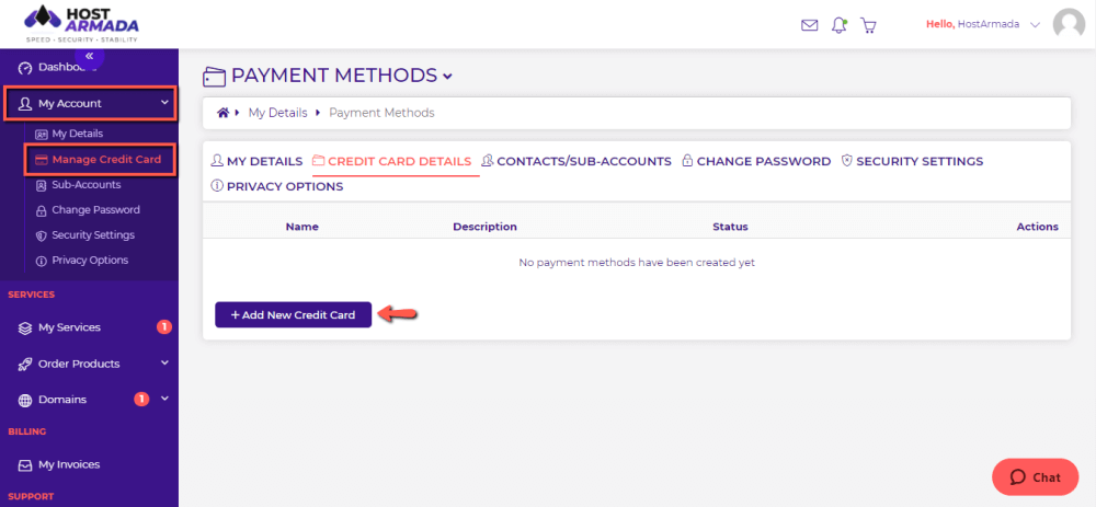 Add new Credit Card to HostArmada Account