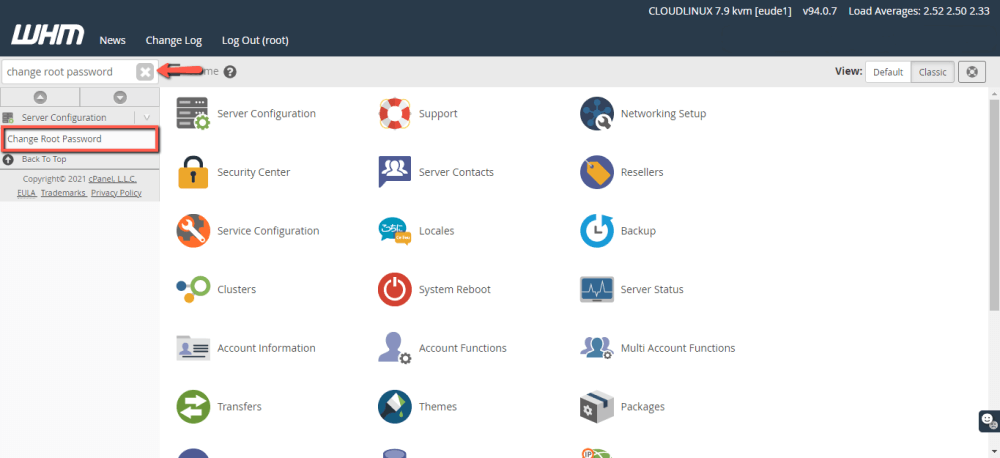 Access the 'Change Root Password' tool in WHM