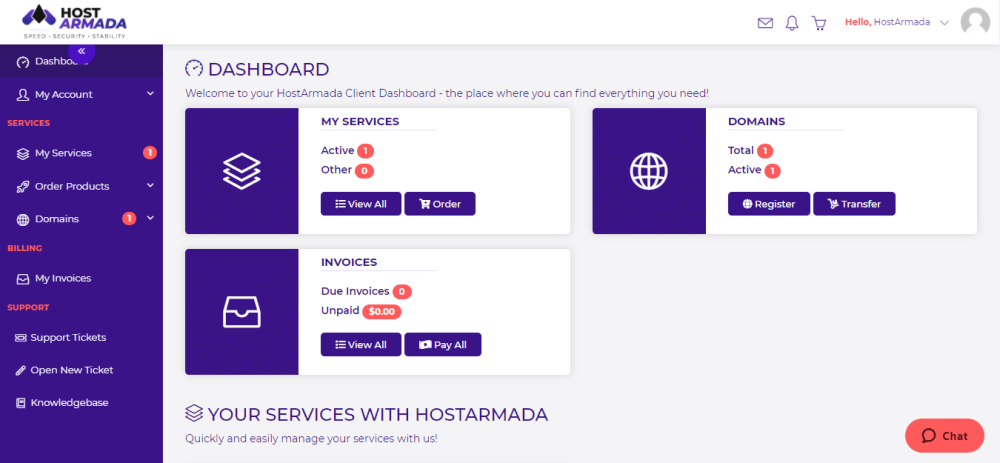 HostArmada Client Area