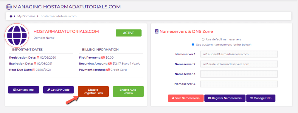Disable Domain Name Registrar Lock