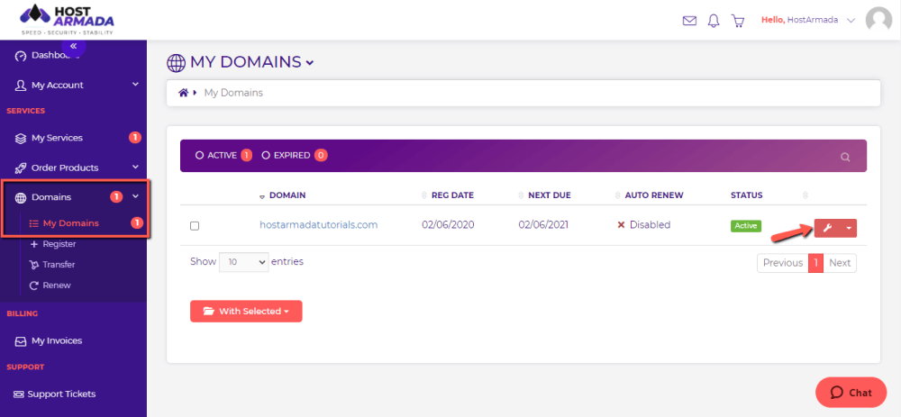 Manage Domain Name Registered With/Transferred To HostArmada