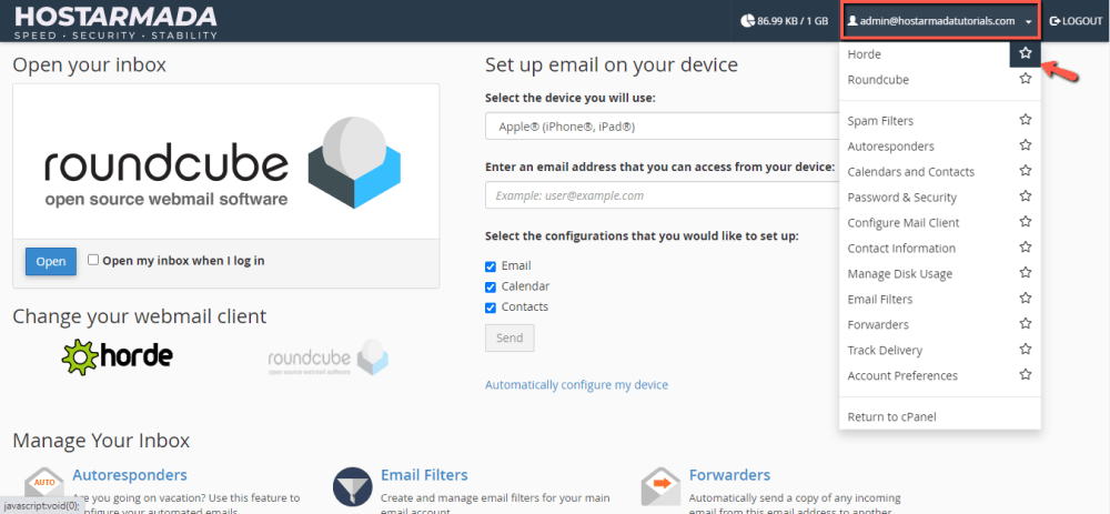 Set Horde as the Default Email Client in cPanel