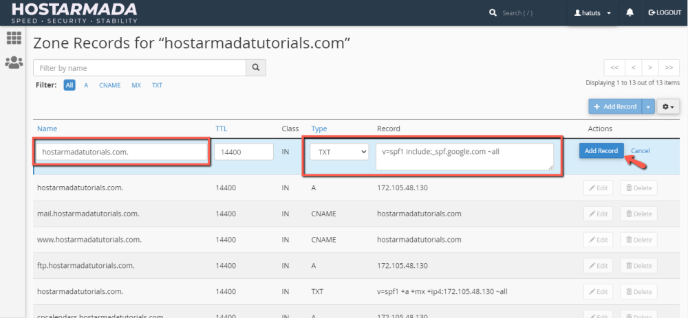 Add Google SPF (TXT) Record in cPanel