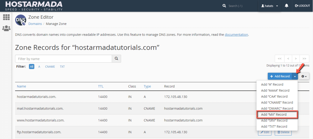 Add Domain MX record in cPanel