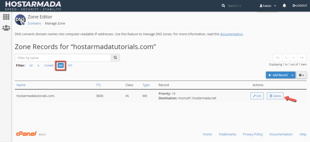 Delete Domain MX records in cPanel