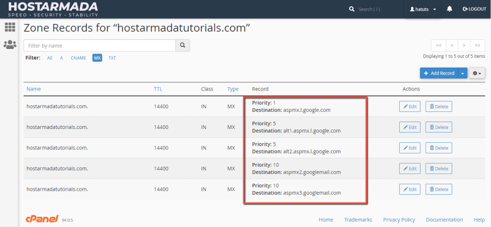 Google Mail MX records - cPanel