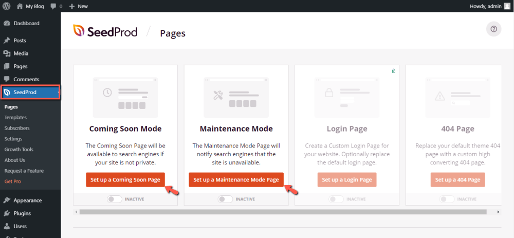 Enable Coming Soon or Maintenance Mode page powered by SeedProd in WordPress