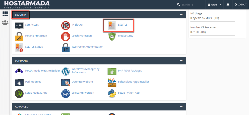Access the 'SSL/TLS' feature in cPanel