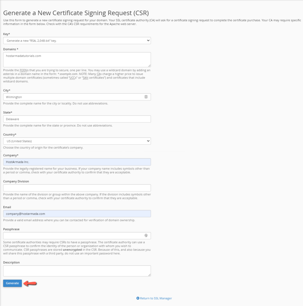 SSL CSR required details