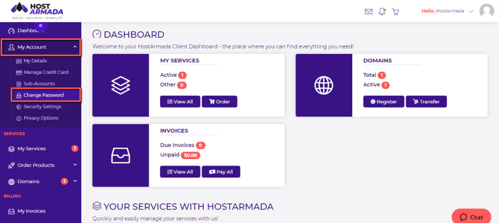Access Client Area 'Change Password' section