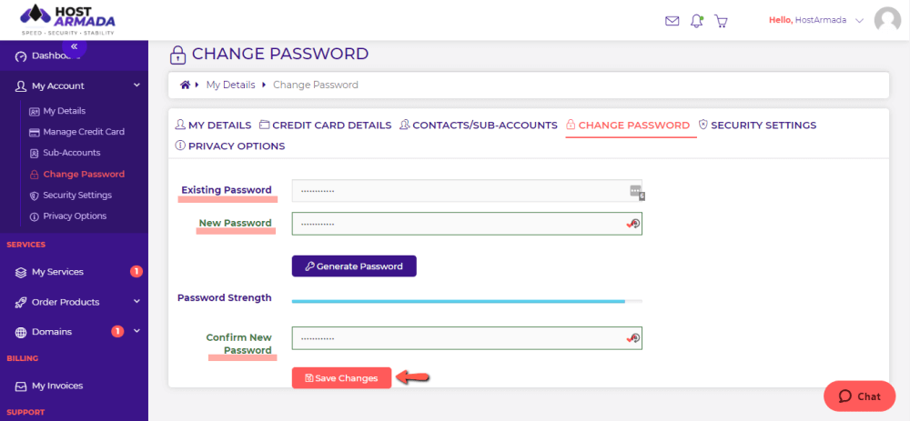 Enter Existing and New Client Area Passwords