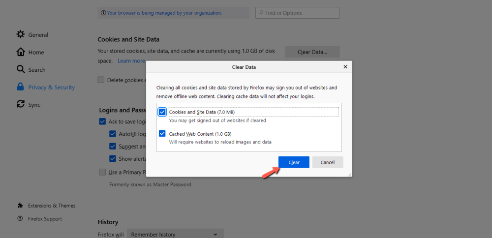 Mozilla Firefox - Clear Cookies and Other Site Data / Clear Cached Images and Files