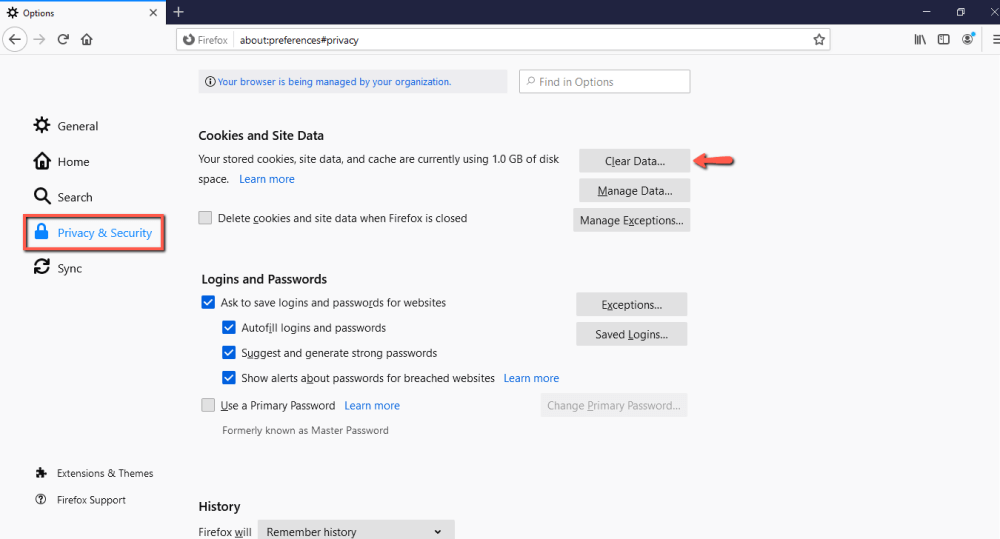 Mozilla Firefox Clear Cookies and Site Data