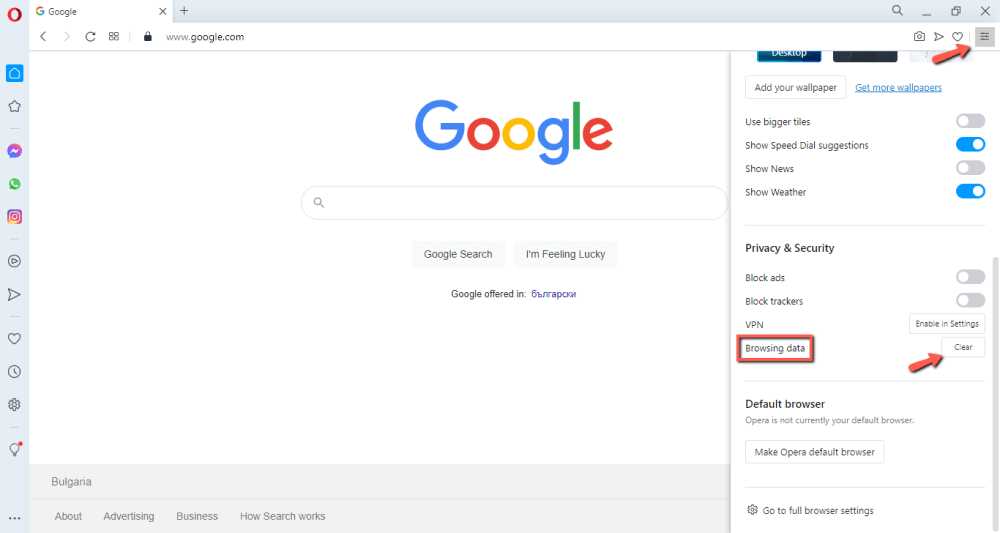 Opera Browser - Clear Browsing Data