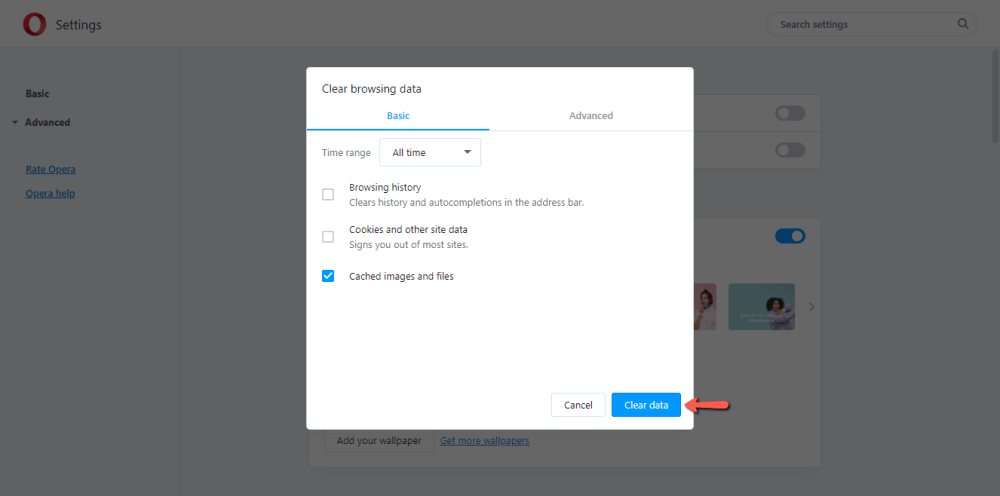 Opera - Clear Browser Cache